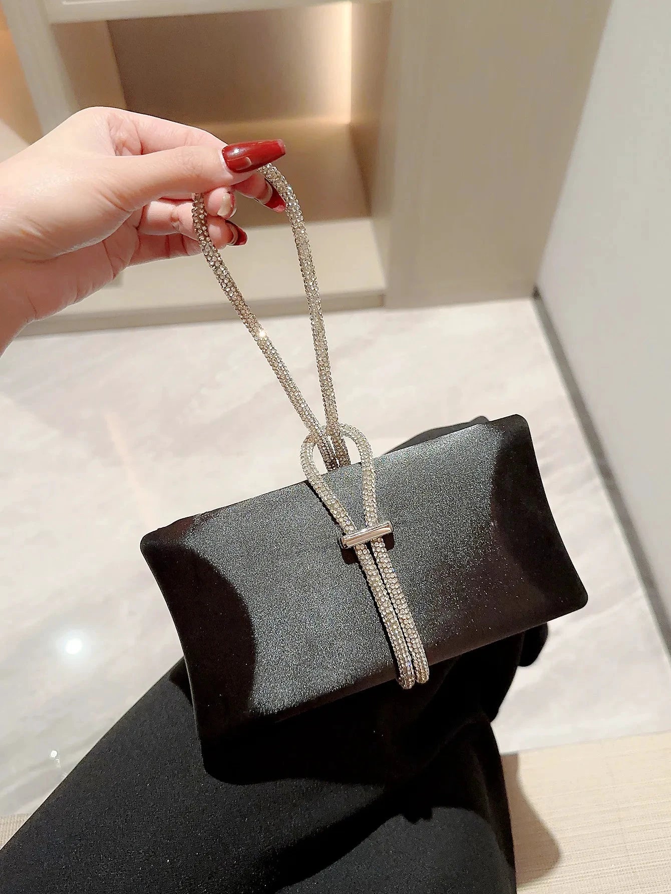 Women Classic fashion Satin Evening Bag Sparkly Banquet Tote Rhinestone Chain Decoration Dress Handbag Evening Bag Party Bag Prom Handbag by MISS BOLSOS
