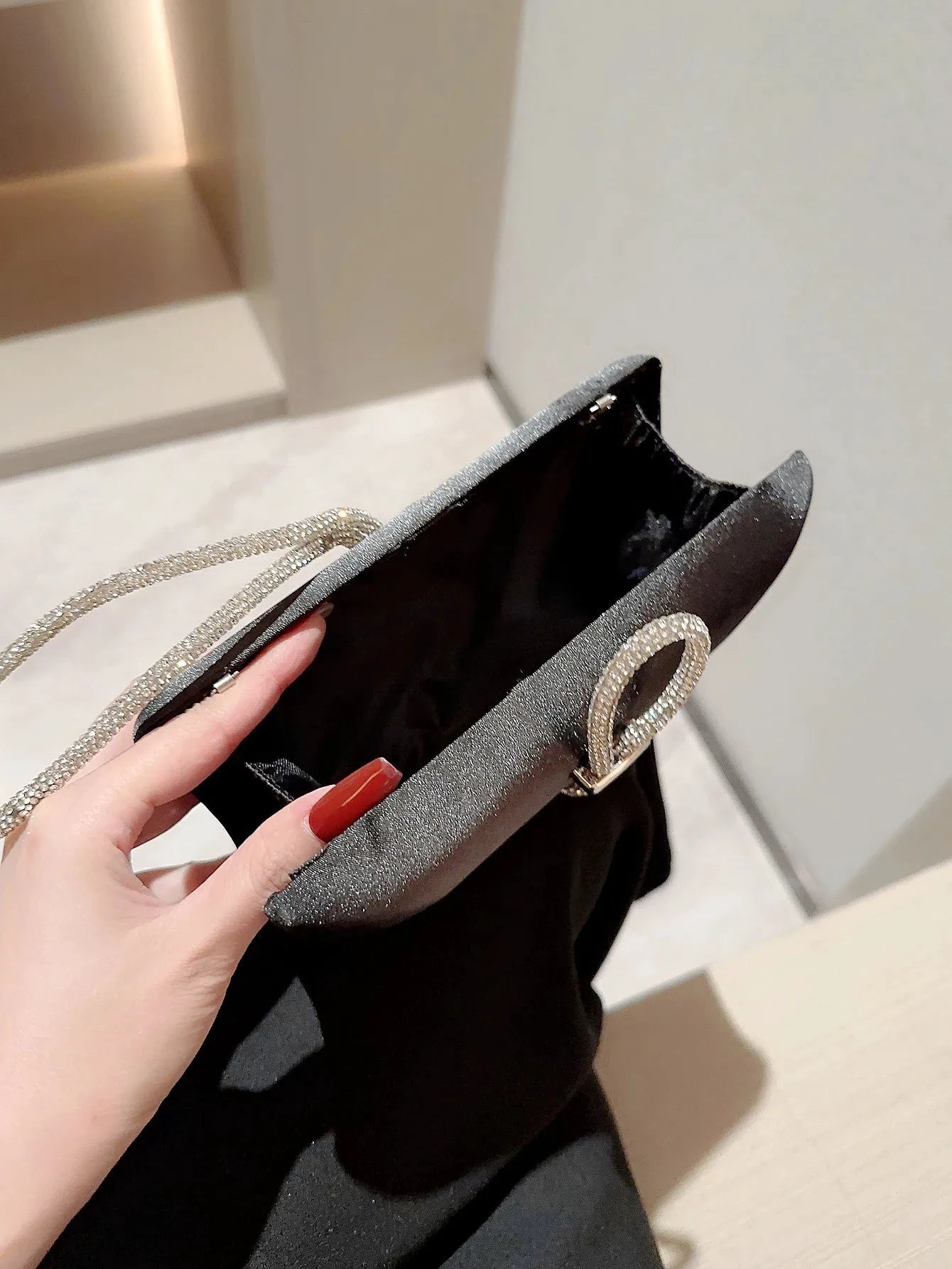 Women Classic fashion Satin Evening Bag Sparkly Banquet Tote Rhinestone Chain Decoration Dress Handbag Evening Bag Party Bag Prom Handbag by MISS BOLSOS