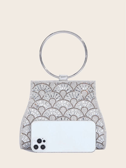 Banquet Bag Wedding Fashion Handbag Silver Artificial Leather Handmade Diamond Chain Bag for Women by MISS BOLSOS