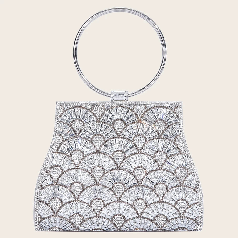 Banquet Bag Wedding Fashion Handbag Silver Artificial Leather Handmade Diamond Chain Bag for Women by MISS BOLSOS