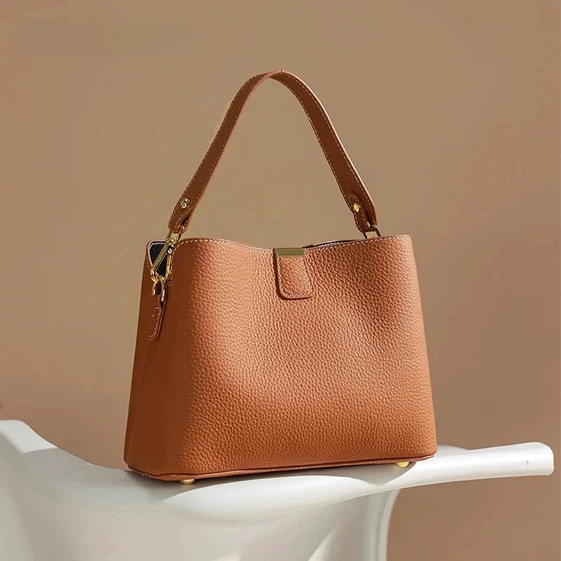 Genuine Leather Shoulder Bucket Bag Women Basket Tote Soft Handbag Genuine Leather Women Fashion Commuter One-shoulder Handbag by MISS BOLSOS