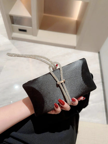 Women Classic fashion Satin Evening Bag Sparkly Banquet Tote Rhinestone Chain Decoration Dress Handbag Evening Bag Party Bag Prom Handbag by MISS BOLSOS