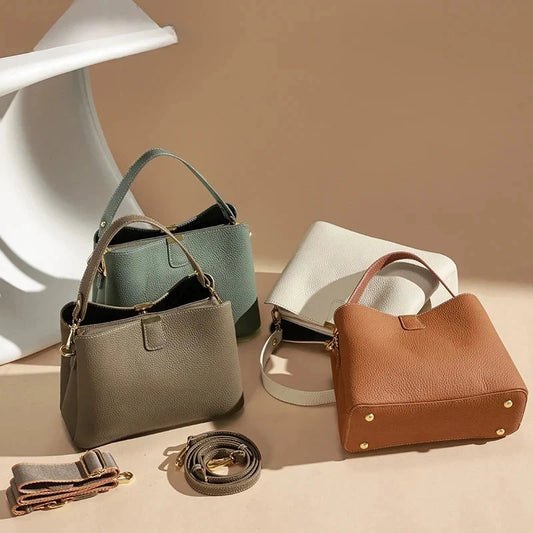 Genuine Leather Shoulder Bucket Bag Women Basket Tote Soft Handbag Genuine Leather Women Fashion Commuter One-shoulder Handbag by MISS BOLSOS