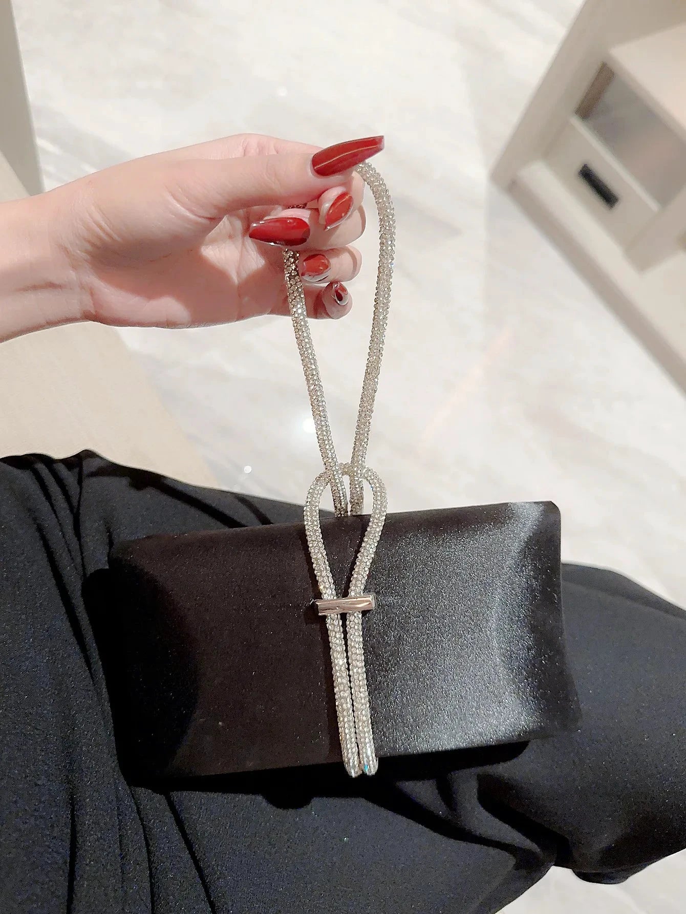 Women Classic fashion Satin Evening Bag Sparkly Banquet Tote Rhinestone Chain Decoration Dress Handbag Evening Bag Party Bag Prom Handbag by MISS BOLSOS