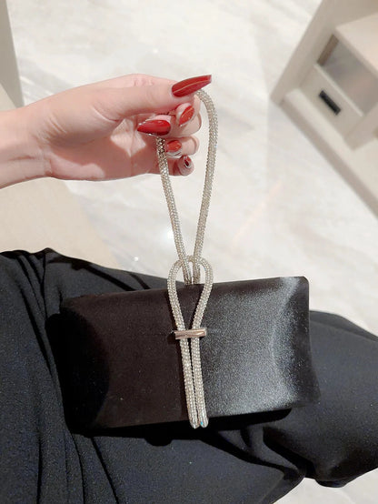 Women Classic fashion Satin Evening Bag Sparkly Banquet Tote Rhinestone Chain Decoration Dress Handbag Evening Bag Party Bag Prom Handbag by MISS BOLSOS