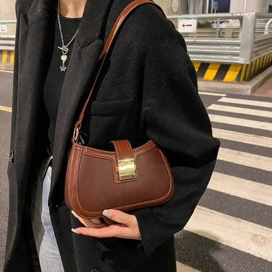 Women Vintage Handbag Brown PU Leather Gold Buckle Trendy Underarm Shoulder Bag Solid Color Handbag Women Luxury Simple Tote Bag by MISS BOLSOS