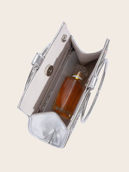 Banquet Bag Wedding Fashion Handbag Silver Artificial Leather Handmade Diamond Chain Bag for Women by MISS BOLSOS