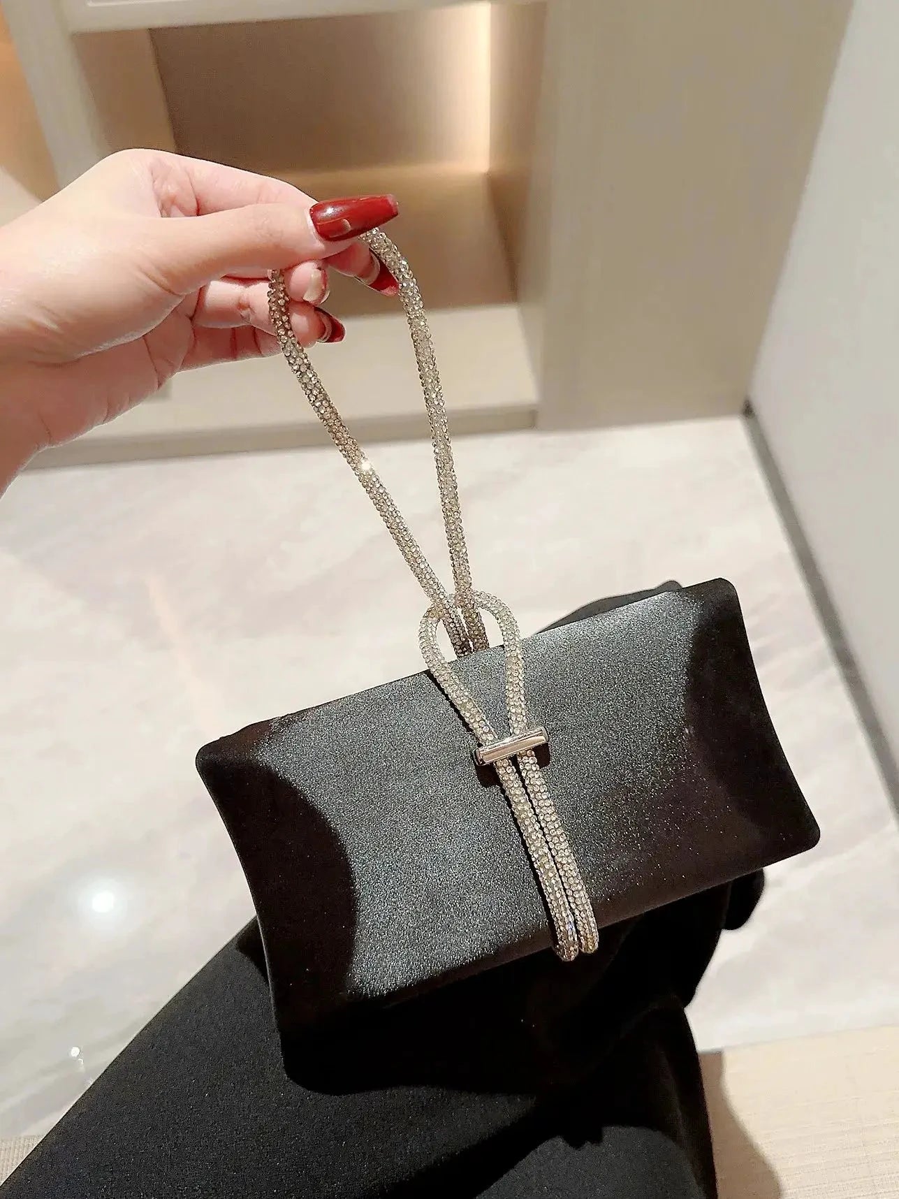 Women Classic fashion Satin Evening Bag Sparkly Banquet Tote Rhinestone Chain Decoration Dress Handbag Evening Bag Party Bag Prom Handbag by MISS BOLSOS