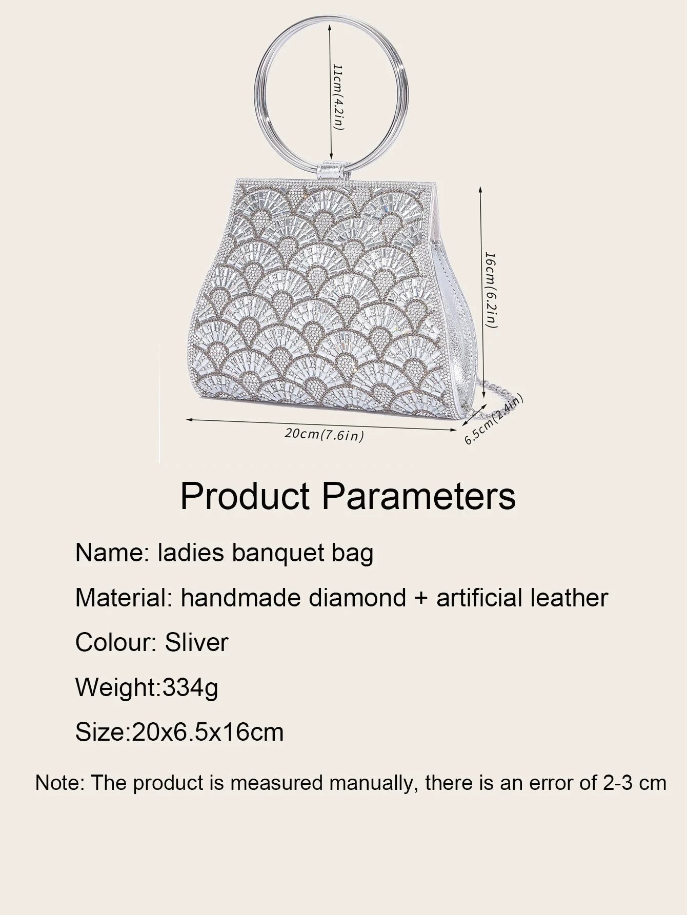 Banquet Bag Wedding Fashion Handbag Silver Artificial Leather Handmade Diamond Chain Bag for Women by MISS BOLSOS